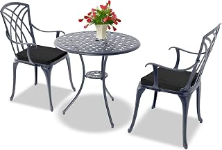 Homeology OSHOWA Grey Aluminium Weatherproof Outdoor Table and 2 Comfortable Chairs with Armrests Bistro Set with Black Cushions