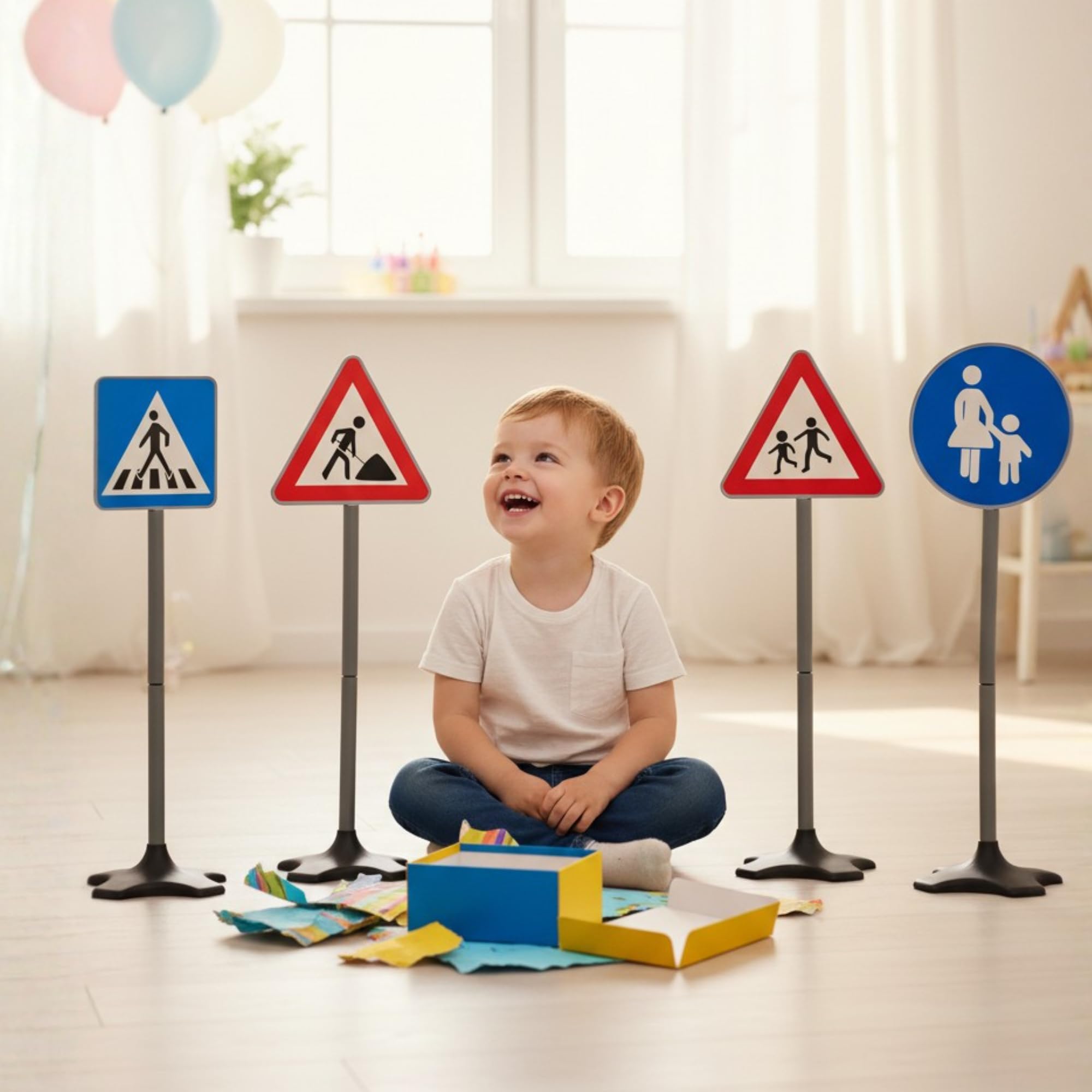 Verkehrsschilder Kinder Set (5 Stück, 75 cm) – Verkehrszeichen Spielzeug für Kinder – Verkehrserziehung Spielzeug für Garten & Kinderzimmer – Straßenschilder Spielset für Laufrad, Fahrrad & Kettcar