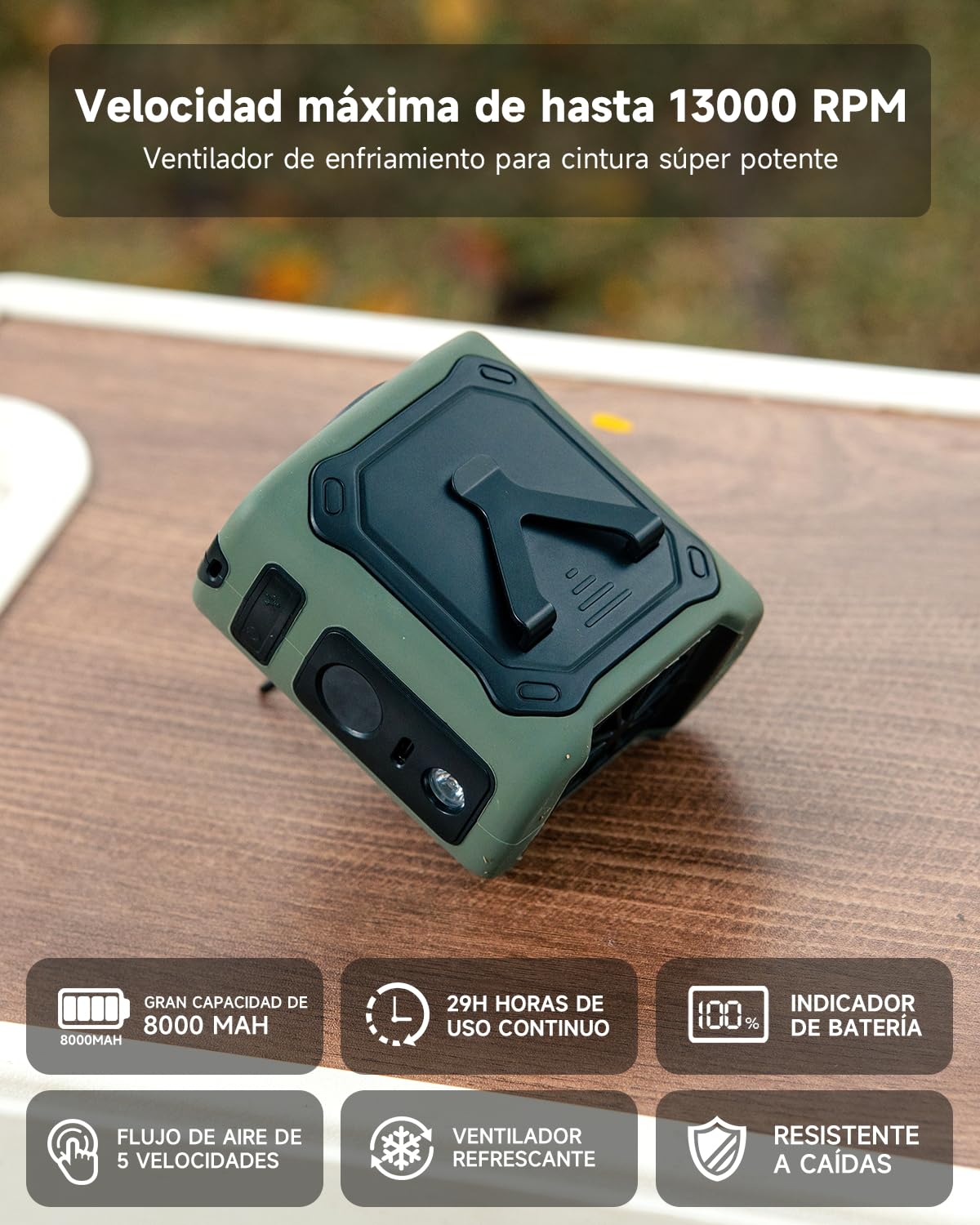2026 Ventilador de cinturón portátil,refrigeración personal,29H batería 8000mAh y,5 velocidades y 13000 RPM,luz LED con función SOS,para obra,camping,exteriores y trabajo en verano Verde militar