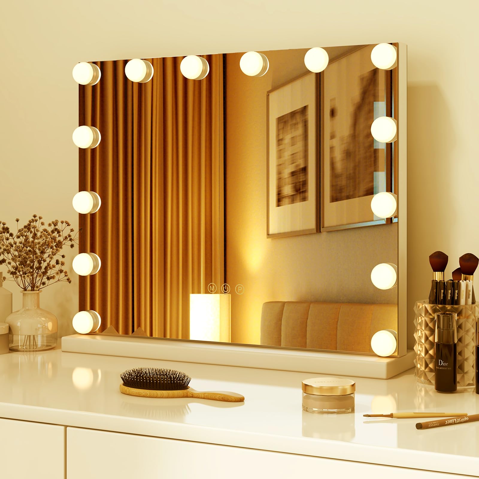 COSTWAY Espejo de Maquillaje Hollywood con 14 Bombillas LED, 3 Modos de Iluminación Ajustables, Luz Camerino, Control Táctil, 50 x 12 x 43 cm