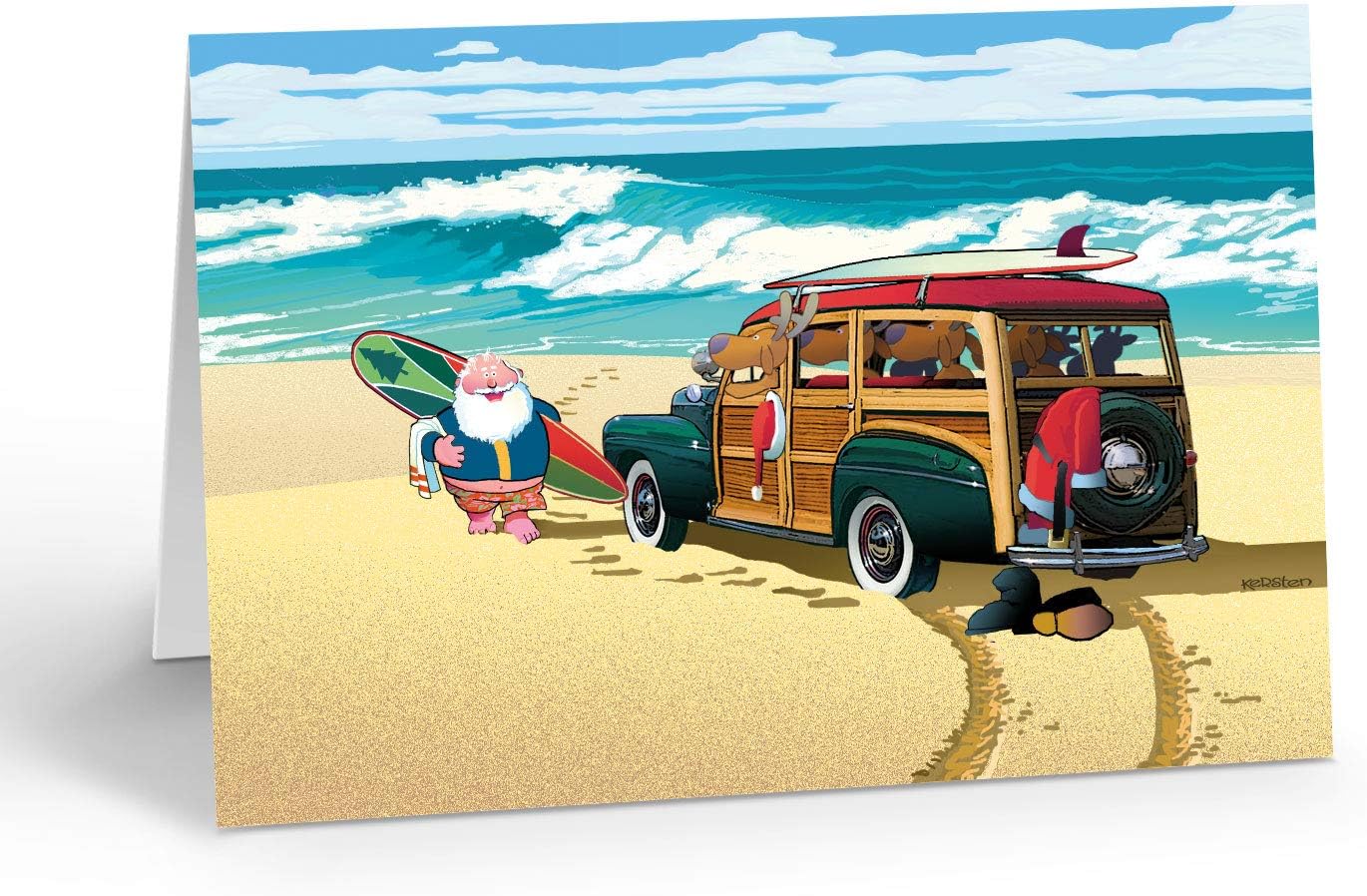 Stonehouse Collection | Custom Santa's Classic Woody Beach Christmas Card | Personalized Surfing Santa at the Ocean Holiday Card | 24 Cards & 25 Envelopes | Beach Christmas Cards (Personalization)