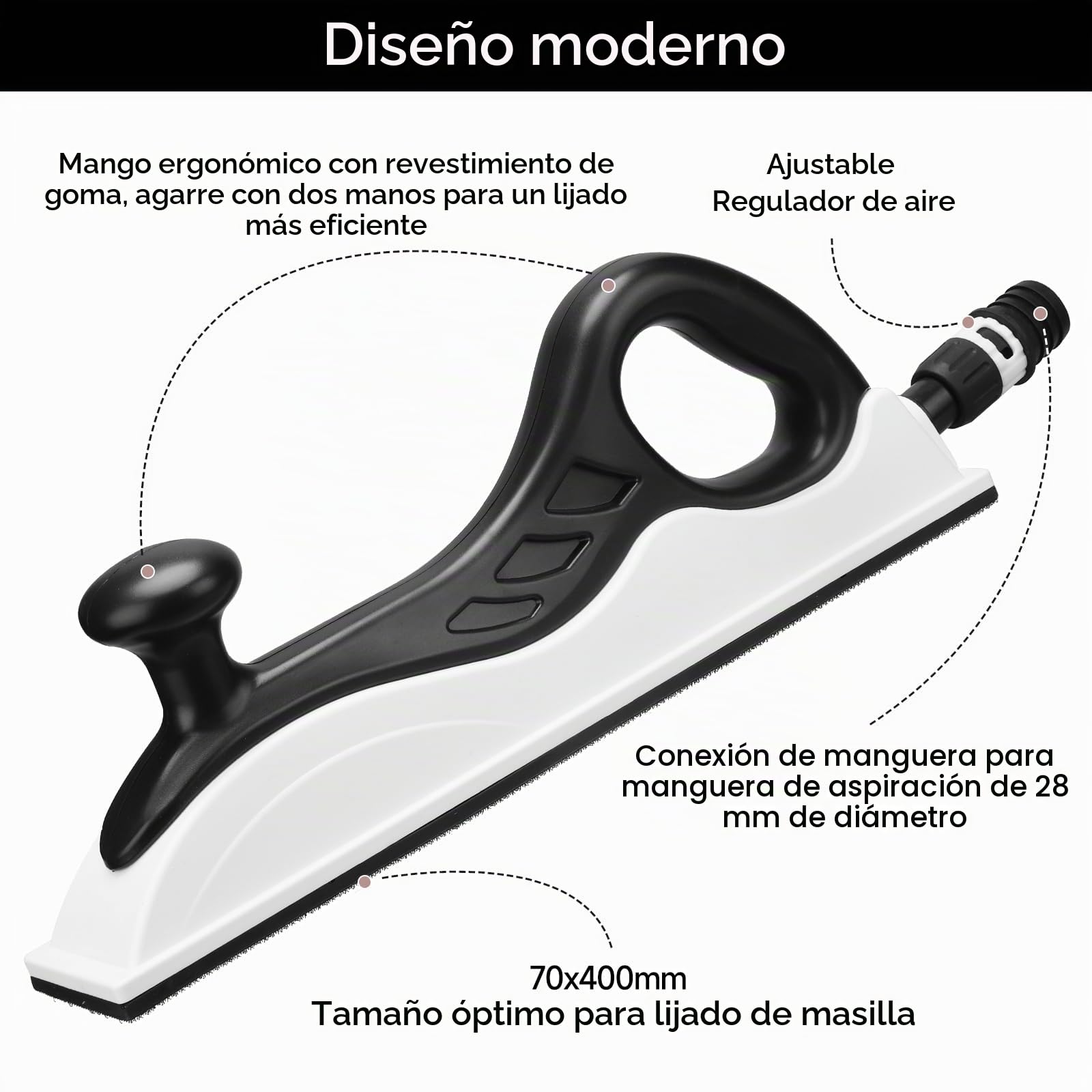 Lijadora de mano con aspiración 400x70 mm, longitud adicional, 5 tiras de lijado malla, granos P80-P400, lijado sin polvo