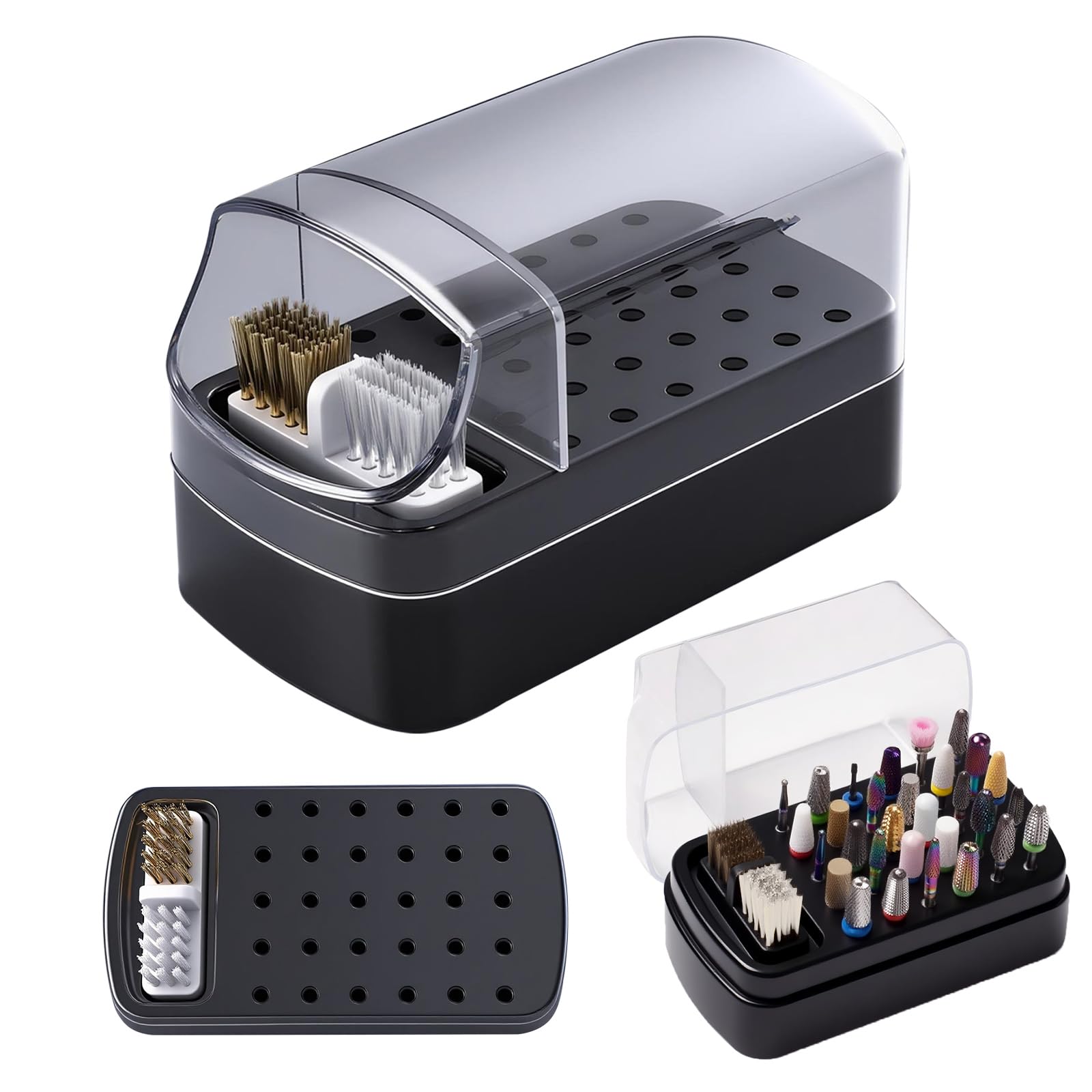 FANTEXY 2-in-1 Nail Drill Bit Holder And Cleaner Brush Case - 30 Holes Dustproof Organizer with Nylon/Copper Brushes,Manicure Tools Organizers and