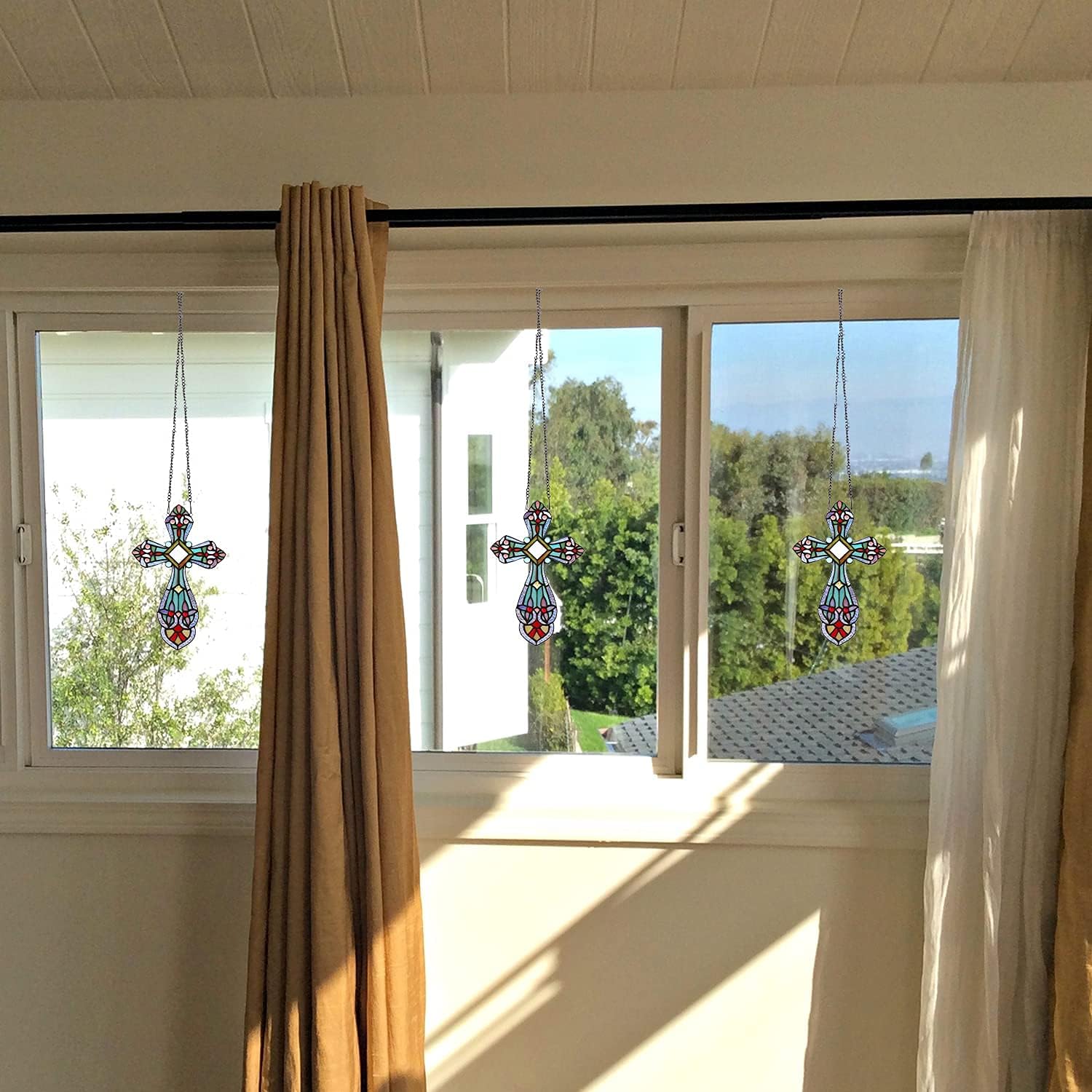 Capulina Cross Stained Glass Window Hanging Tiffany Style Stunning Handicrafts Parents and Friends Gifts for Halloween,Blessing,Pray,Love,Faith