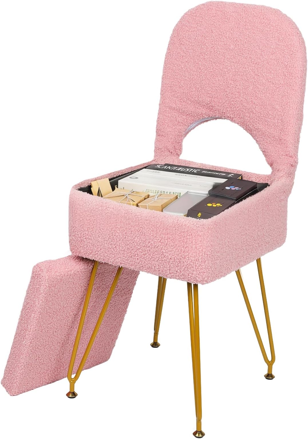 mapleway Small Vanity Stool Chair with Storage and Adjustable Folding Back 12.9" x 14.1" x 29.9" Alpaca Fur Soft Ottoman 4 Metal Legs with Anti-Slip Feet Furry Padded Seat for Makeup, Bedroom, Pink