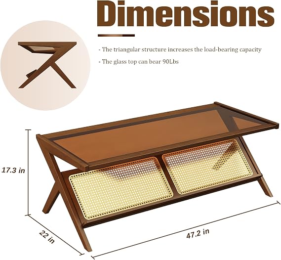 Bamworld Rattan Coffee Table with Glass Top Mid-Century Modern Center Table