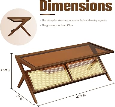 Bamworld Rattan Coffee Table with Glass Top Mid-Century Modern Center Table