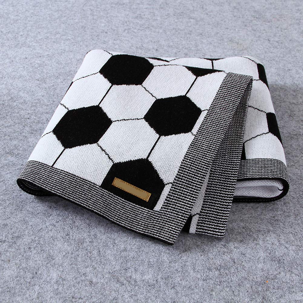 Surwin Baby Knitted Soft Blanket for Newborn, Warm Swaddle Wrap Stroller Cover Nursing Blanket Sleep Sack Stroller, Birthday Gift for Kids Boys and Girls (80x100cm,Black football grid)