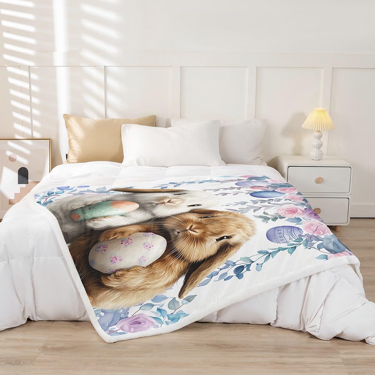 Homewish Uroczy królik narzuta koc Happy Easter Queen 228 cm x 228 cm polarowy koc dla dzieci chłopców dziewcząt łóżko, akwarela jajko róża szerpa koc wiejski zwierzęta rośliny kwiatowy pluszowy koc