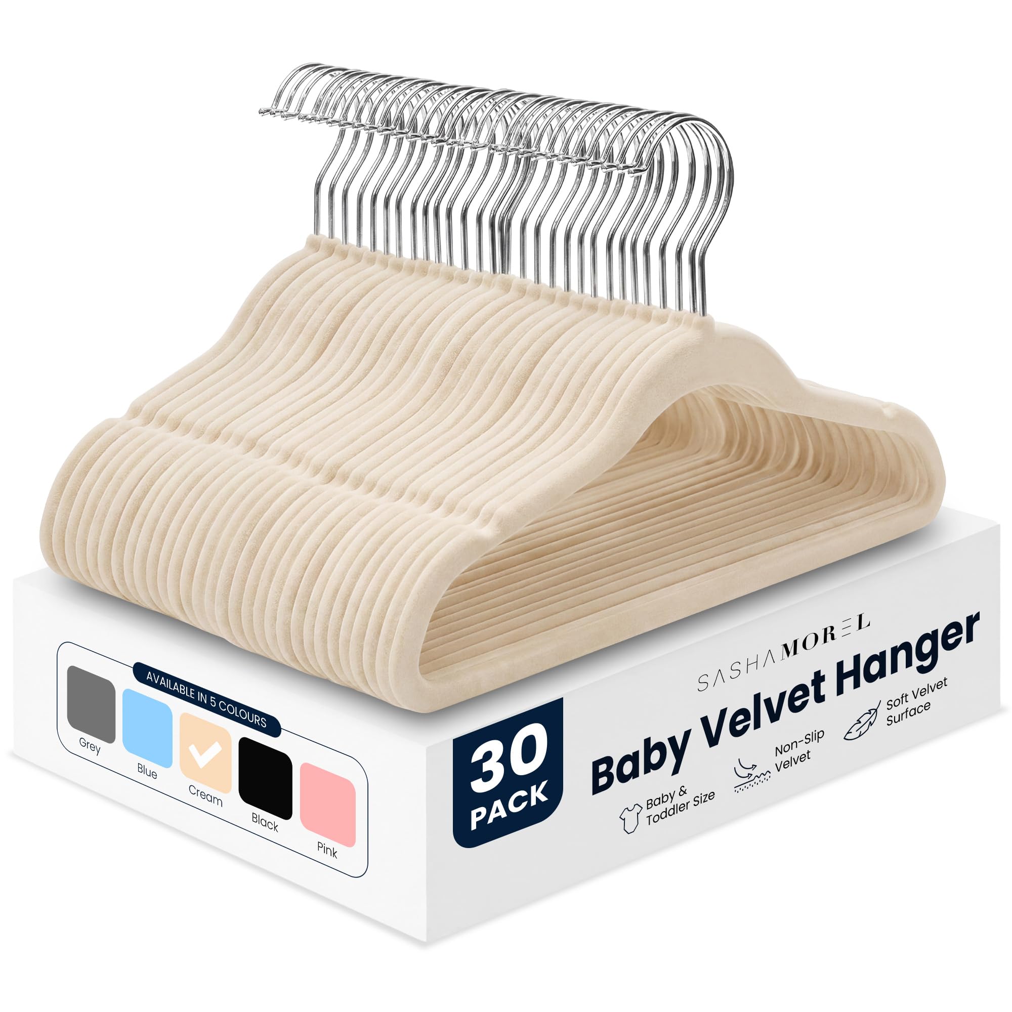 Sasha Morel Baby Velvet Hangers for Clothes 30 Pack - Non-Slip, Cream