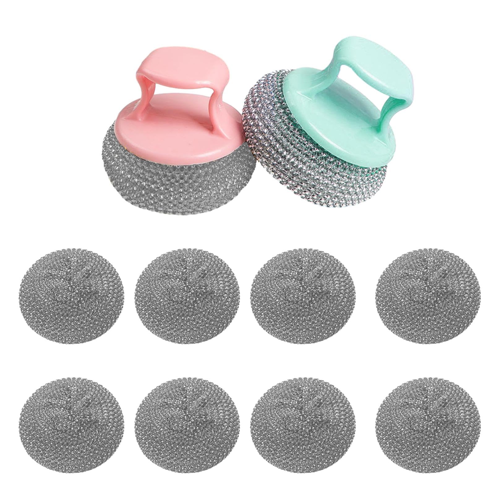 Dsfsaeg Pink Green Stainless Steel Scourers, 10 Pcs Kitchen Sponges Scourer Set With 2 Handle, Cleaning Steel Wool Pads, Kettle Descalers Wire Ball For Pots, Pans, Brushes, Hobs, Grills, Bathrooms