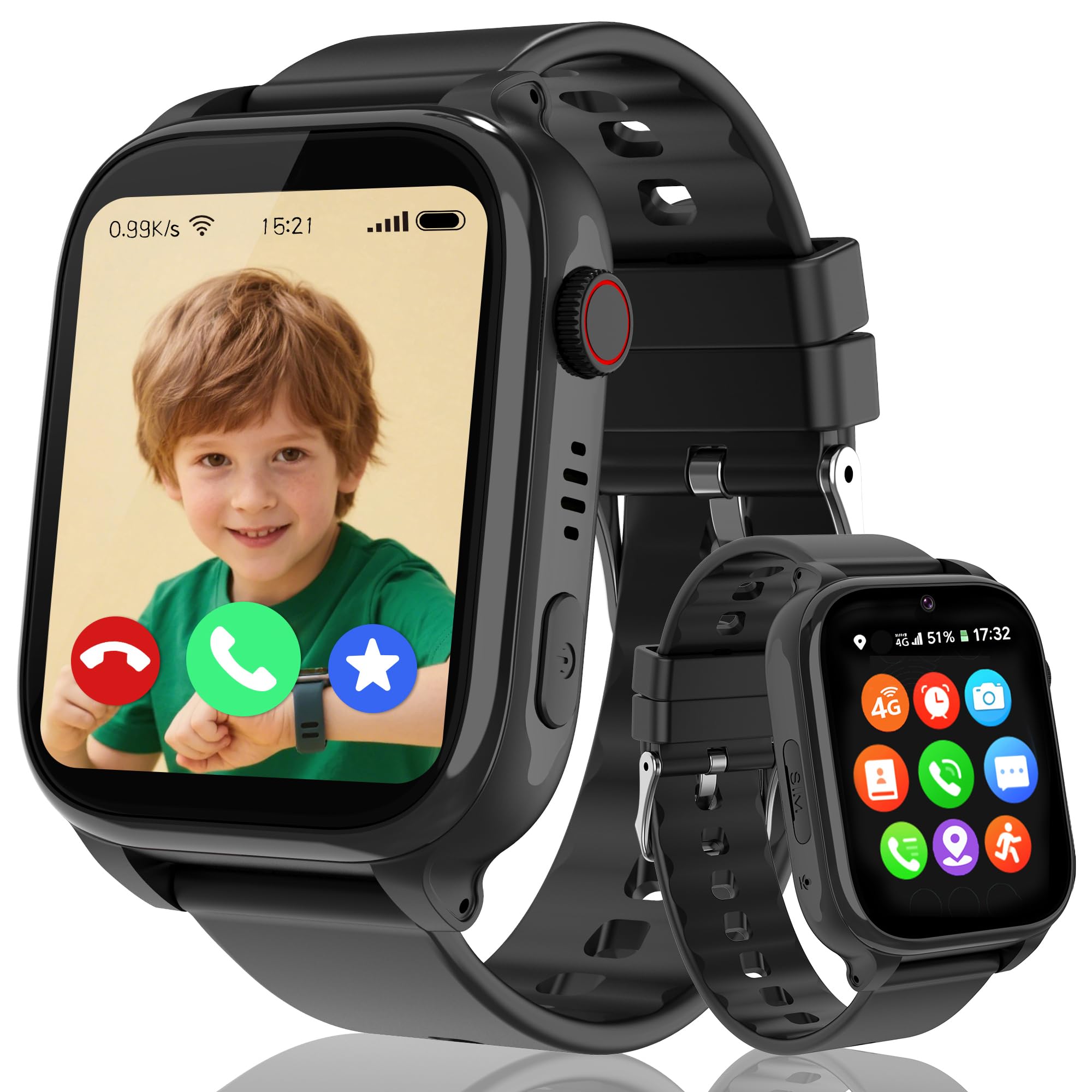 4G Smartwatch Bambini con GPS e Videochiamate, Orologio Telefono Bambini con Chiamate, SOS, Chat Vocale, Modalità Scuola, IP68, Contapassi, Sveglia, Fotocamera, Regalo per Bambina e Bambino, Nero