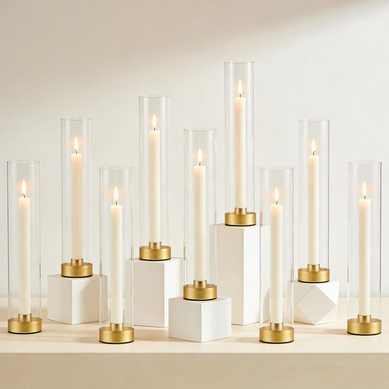Hurricane Candle Holders Golden Taper Candle Sticks Holder, with 11" Thickened Glass Cylinder Covers Tall Candlesticks Holders Bulk Set of 10, Dining Table Centerpiece for Wedding