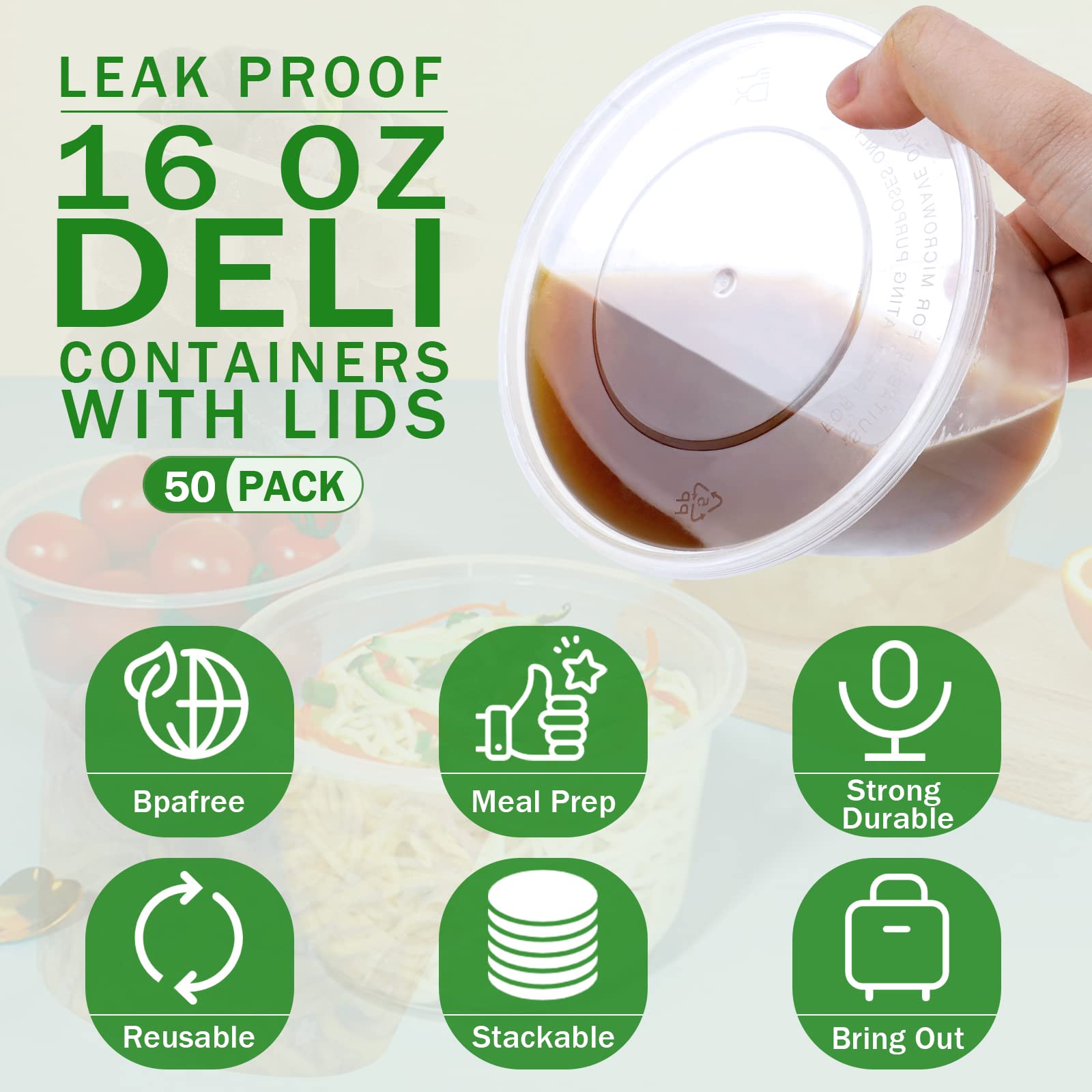 Recipientes de almacenamiento de alimentos, 473 ml, 50 unidades, recipientes de plástico para almacenamiento de alimentos con tapas herméticas a prueba de fugas, sin BPA, recipientes transparentes