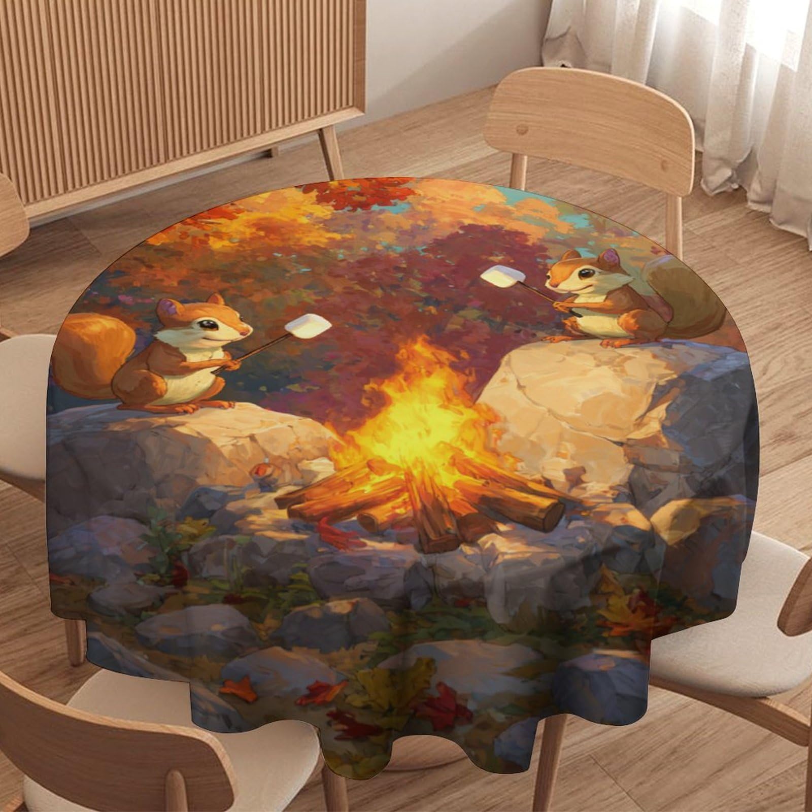 LUYYSKY Rustic Funny Camping Squirrel Waterproof Round Tablecloth Modern Classic Animals Squirrels Plants Maple Trees Washable Table Cover for Kitchen-91.4" Wx91.4 L cm