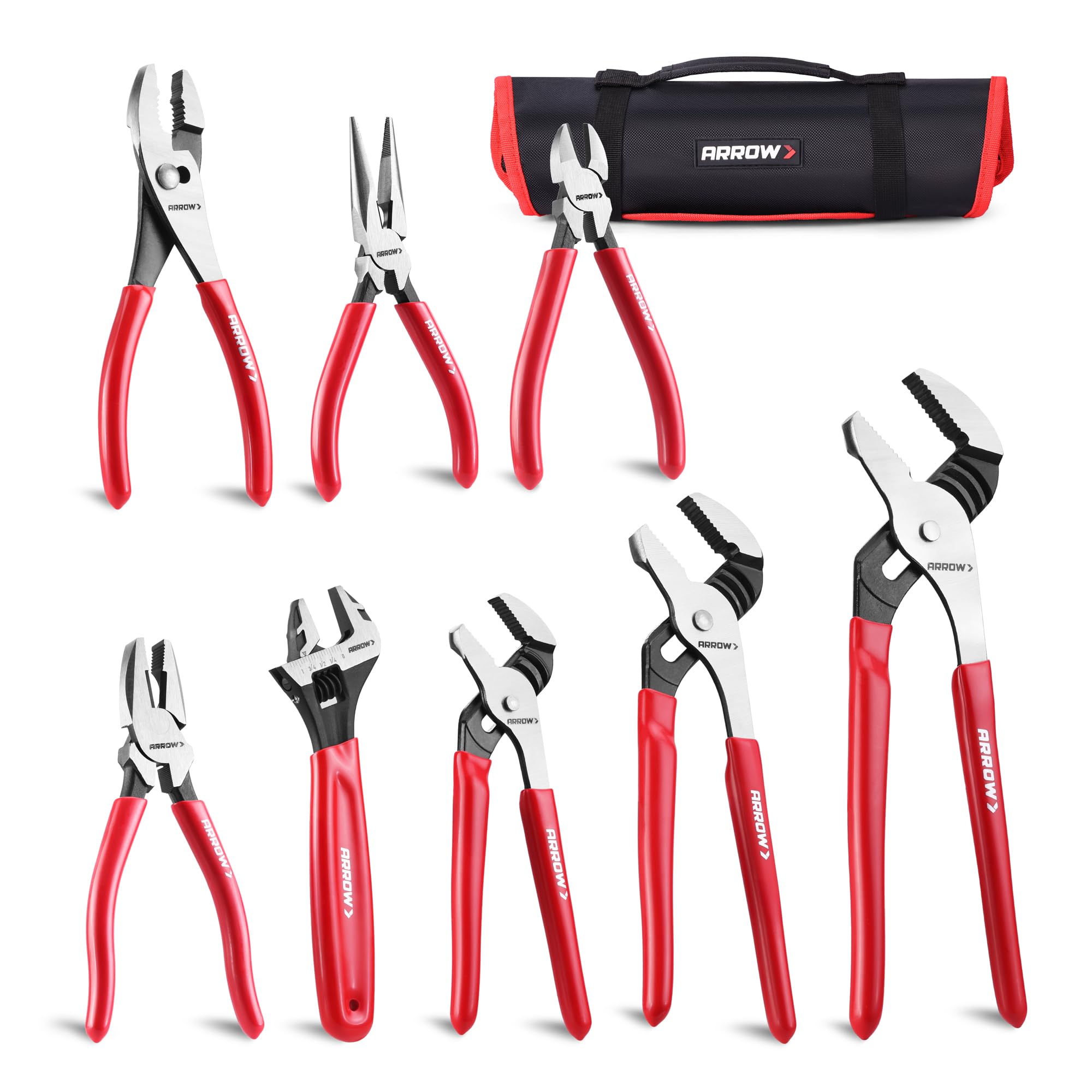ARROW 8PCS Pliers & Wrench Set, 6" Needle Nose Pliers, 6" Diagonal, 7" Linesman, 8" Slip Joint, 8" & 10" & 12" Groove Joint and CRV 8" Adjustable Wrench, Portable Rolling Bag With Handle