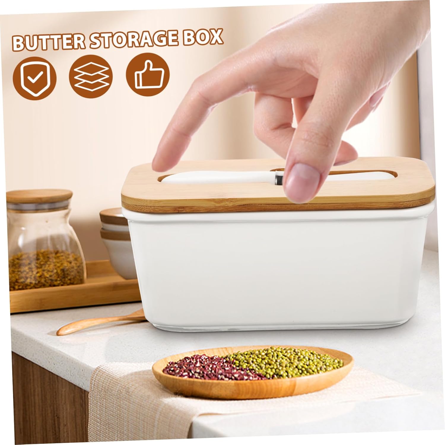 Ceramic Butter Storage Box Set with Cutter Airtight Butter Keeper with Wooden Lid Home Tableware and Slicing