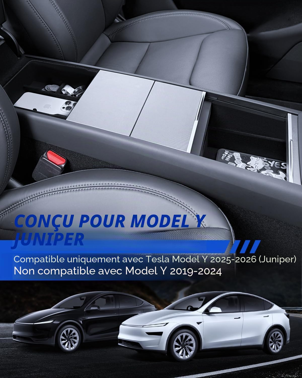 Lot de 3 accessoires pour Tesla Model Y 2025-2026 Juniper - Organiseur de console centrale, bac organisateur en silicone et boîte de rangement pour accoudoir (revêtement en velours)