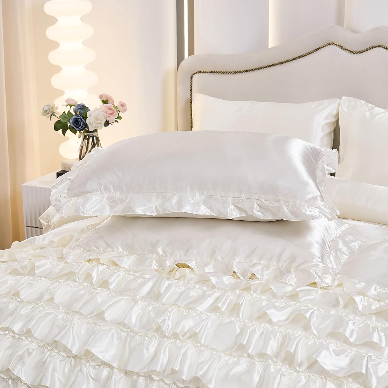 MOVE OVER Satin Ruffle Comforter Set 8 Pieces Bed in a Bag King Size Silk Like Satin White Waterfall Ruffle Comforter Set 8 Pieces Girls Romantic Layers Ruffled Bedding Set for All Seasons - Image 3