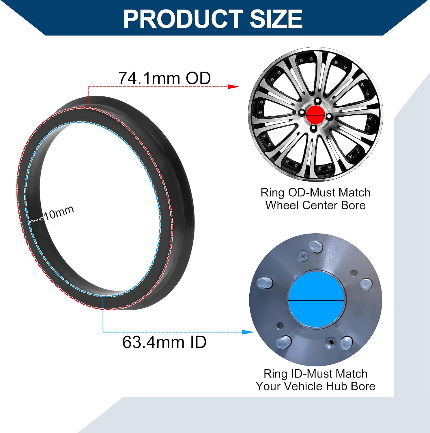 Car Wheel Hub Centric Rings Wheels Center Shaft Shock Absorbing Hubrings Durable Polycarbonate OD 74.1mm to ID 63.4mm 4 Pcs Black Durable Material