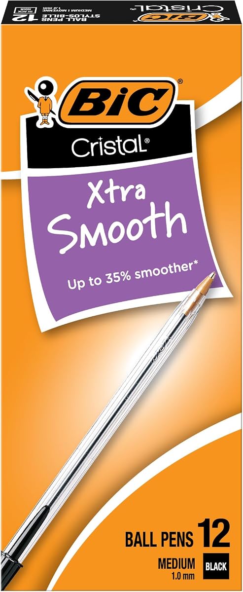 Cristal Xtra Smooth Black Ballpoint Pens, Medium Point, 12-Count Pack