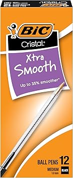 BIC Cristal Xtra Smooth Black Ballpoint Pens, Medium Point 1.0mm, 12-Count Pack, Extra Smooth and Reliable Ballpoint Pens