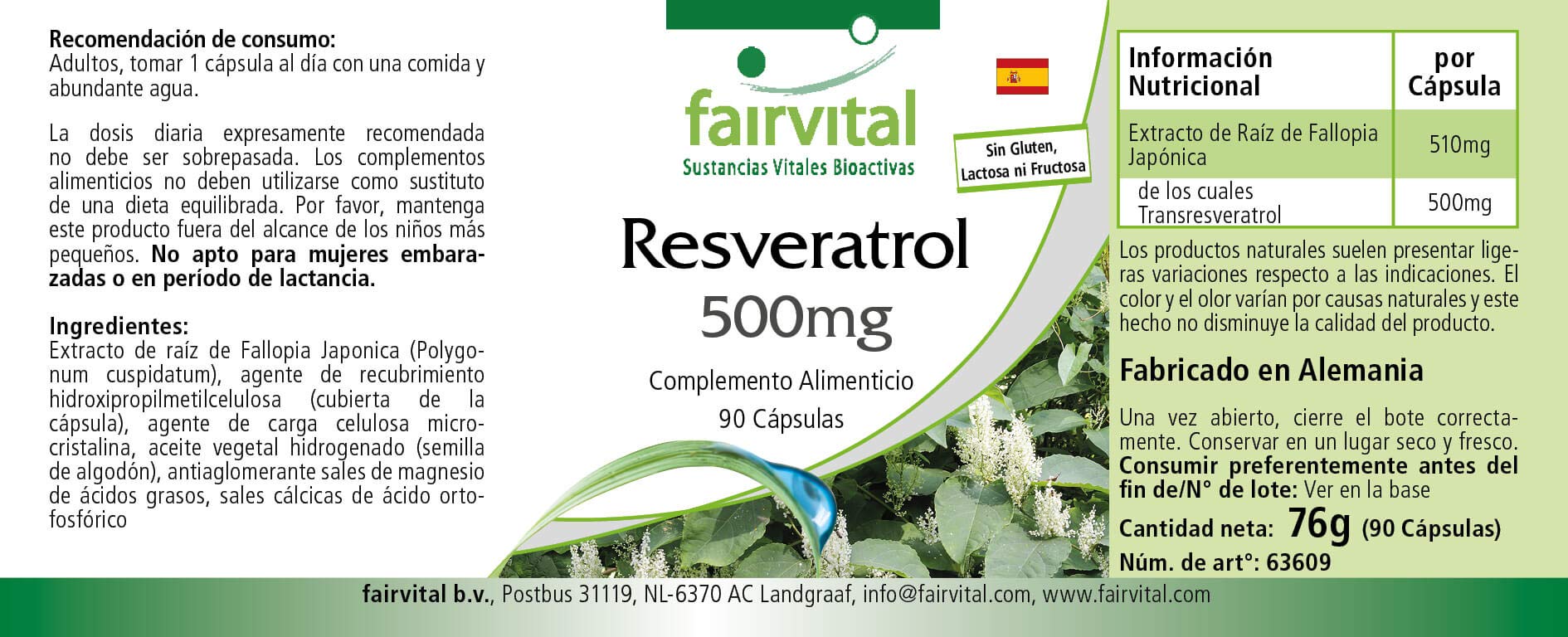 fairvital Resvératrol 500mg, 90 gélules, 500mg de trans-resvératrol par gélule, HAUTEMENT DOSÉ, à base d'extrait de renouée, végétalien