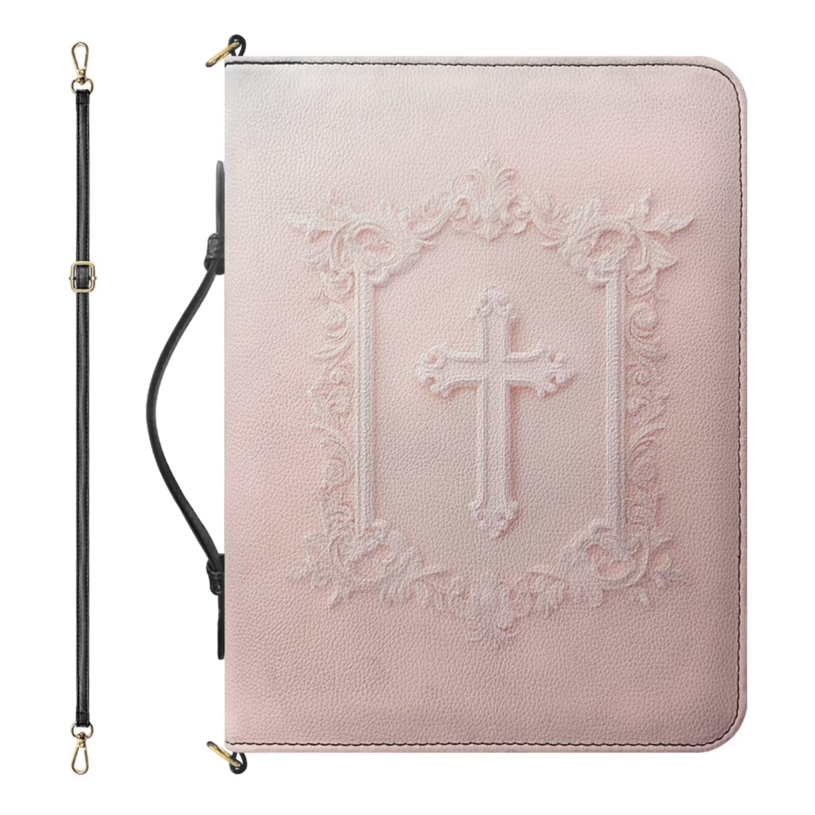 Drnuikhe Medium PU Leather Bible Cover for Women, Pink Bible Case with Strap and Handle, Faux Embossed Crucifix Print Bible Carrier with Inner Pockets and Pen Loop, Christian Gifts for Mother