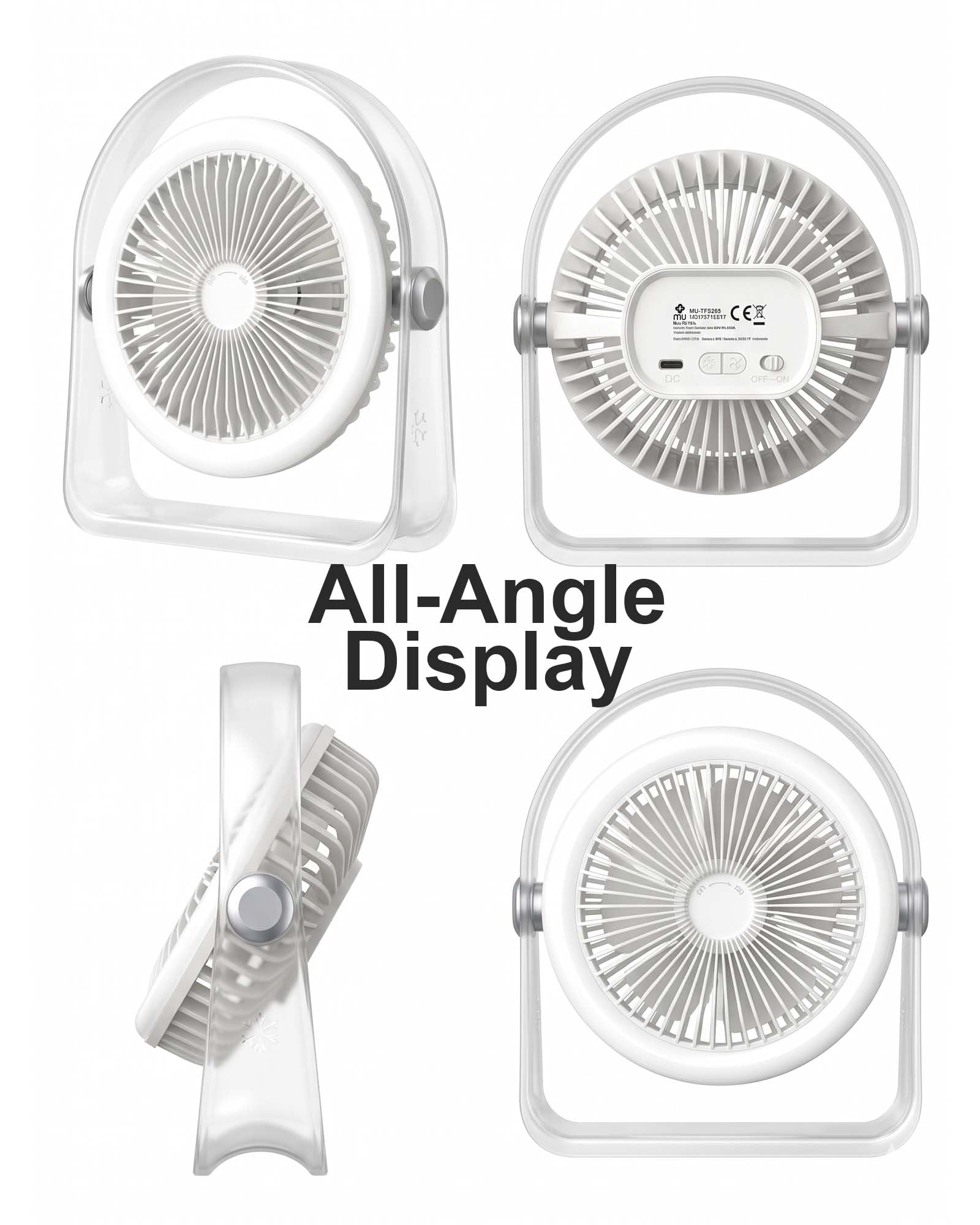 MU LIN Ventilatore da Tavolo Senza Fili con Luce LED, Ventilatore da Tavolo USB Ricaricabile e Silenzioso a 3 Velocità, Inclinazione 360°, Batteria 1200mAh, Ventilatore USB per Ufficio, Casa, Viaggi