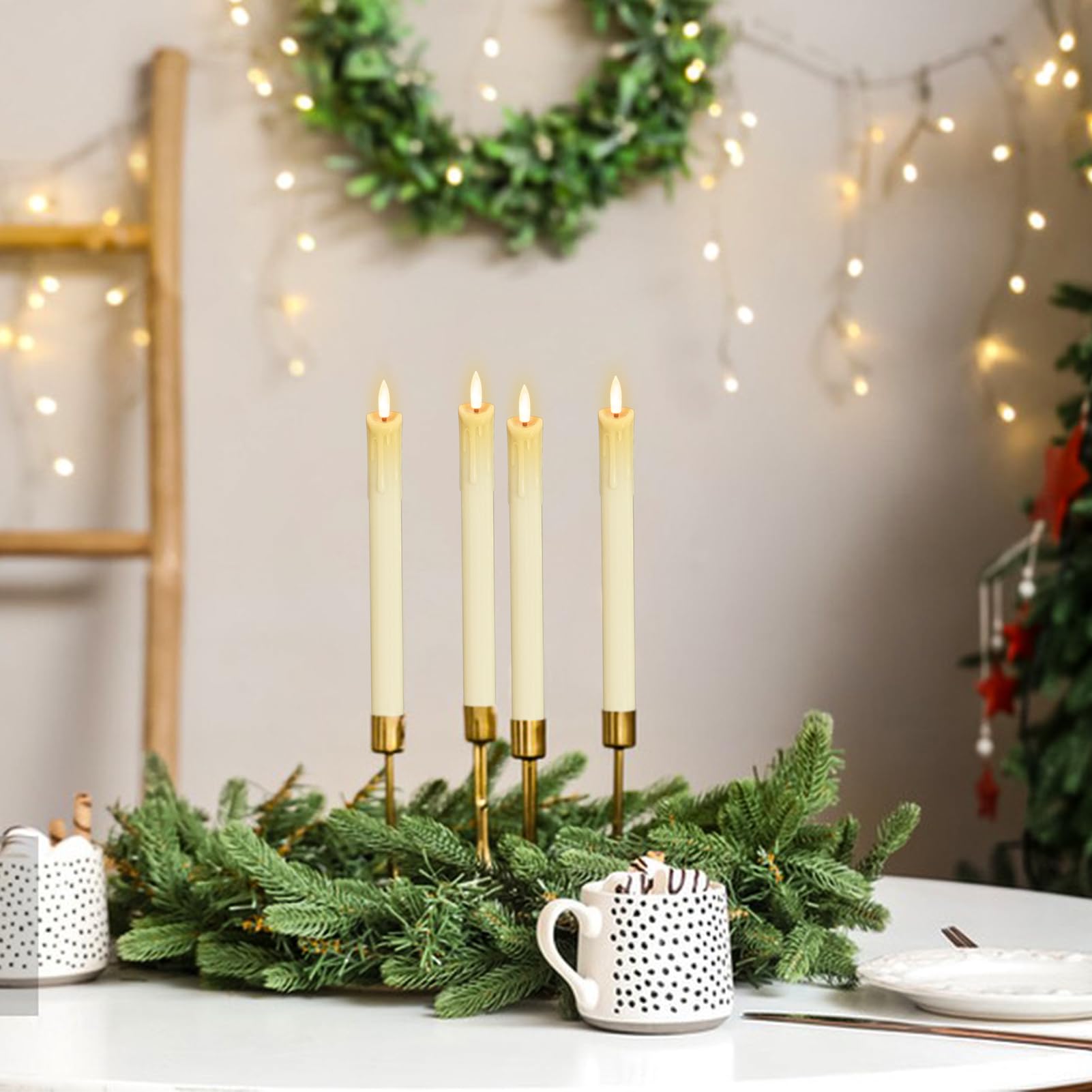 Eldnacele LED Stabkerzen mit Timerfunktion, 6er Set mit Tropfwachs-Design | Elektrische Kerzen mit Fernbedienung, flackernde 3D-Flamme, elfenbeinfarben, batteriebetrieben, Weihnachtsdeko und Hochzeit