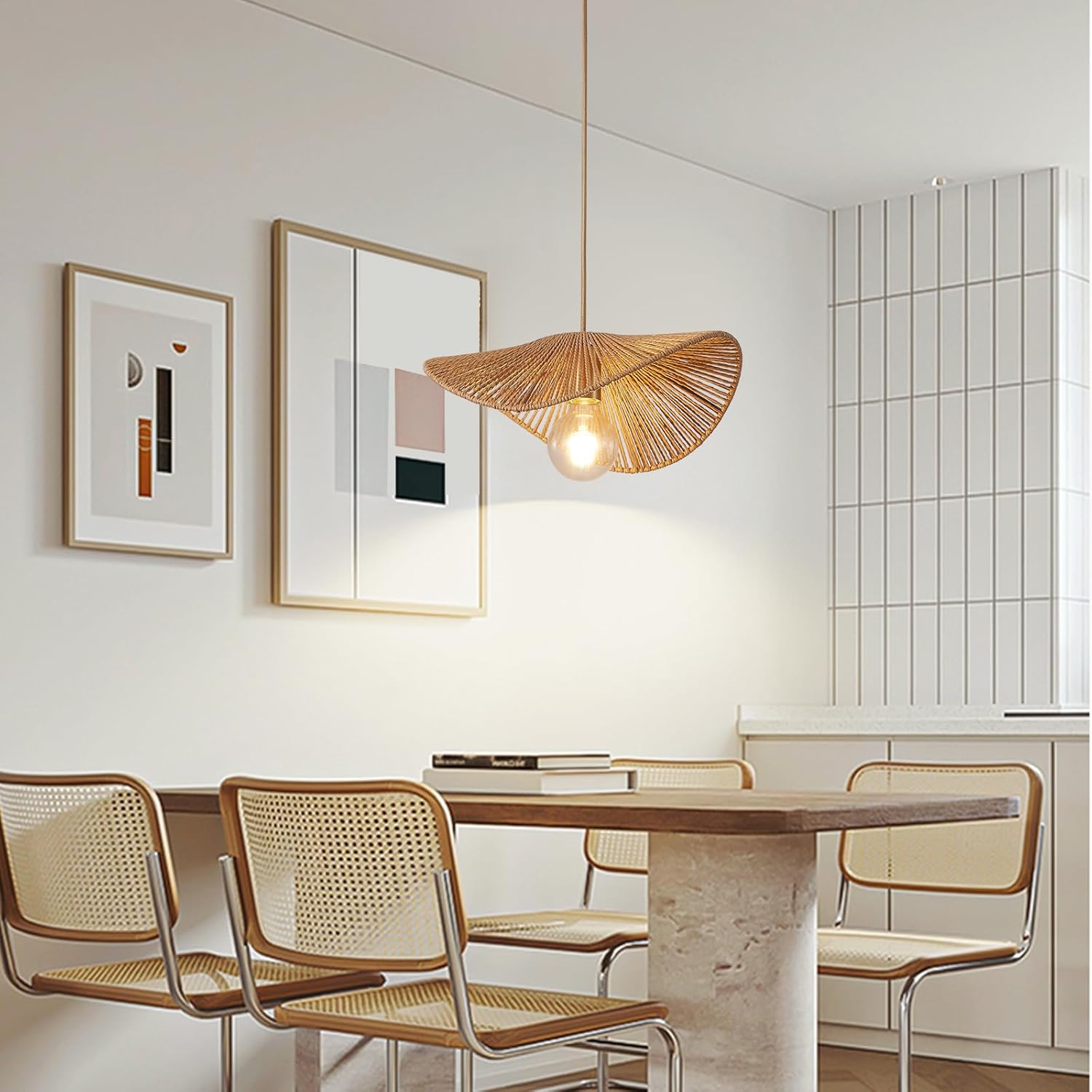 Boho Rattan Pendant Light Fixture Modern Style Hanging Light Bamboo Handwoven 1-Light Hanging Lamp for Farmhouse Bedroom Living Room Dining Room