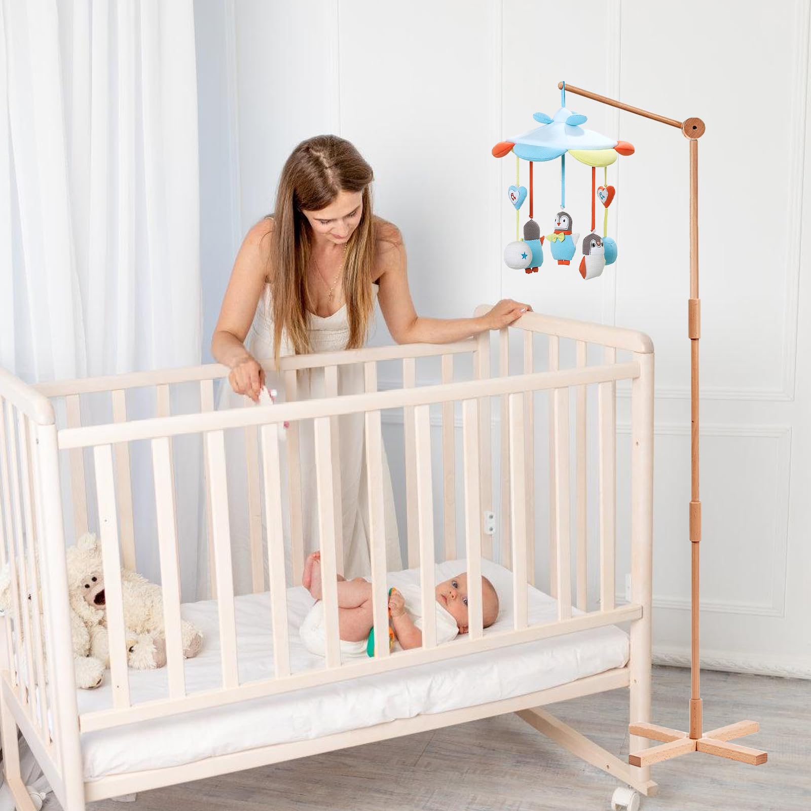 PORFOYO Mobile Halterung Holz, 1.6 M Minimalistisches Design Babybett Mobile Halterung, Stabile Struktur Holz Mobile Halterung Wickeltisch, Universelle Verwendung Mobile Halterung Holz