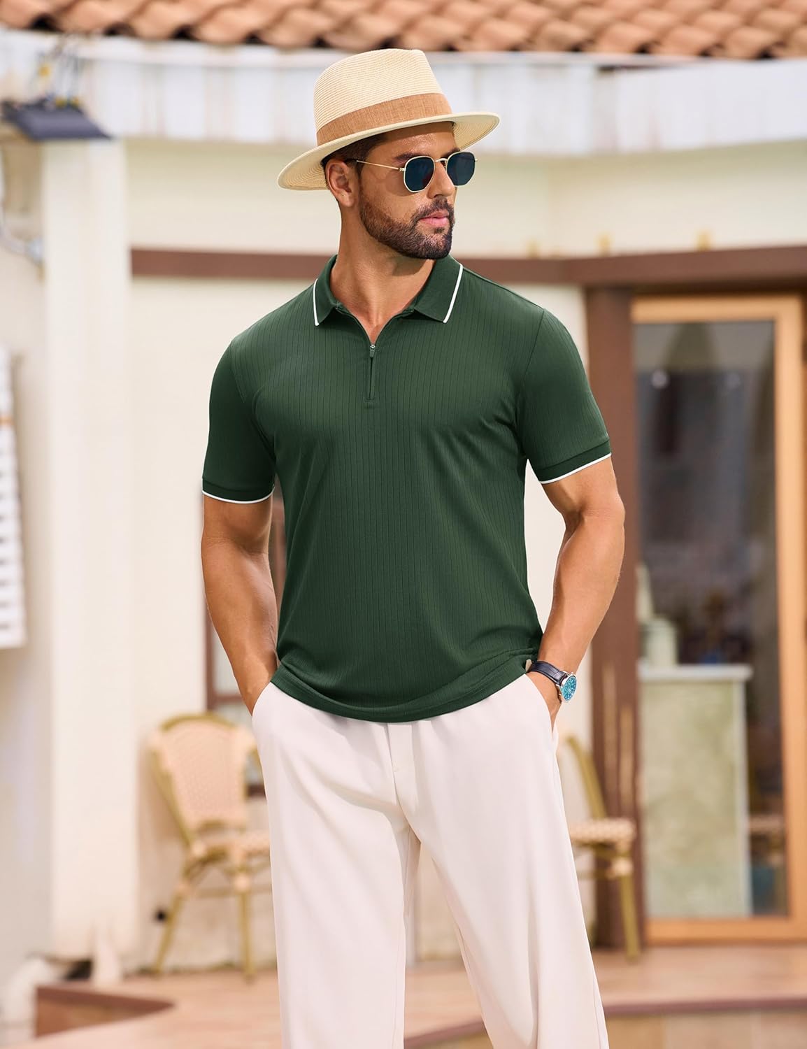 Cotrasen Mens Zipper Polo Shirts Short Sleeve Dual Tipped Collar Golf Shirts Fashion Textured Slim Fit T-Shirts - Image 3