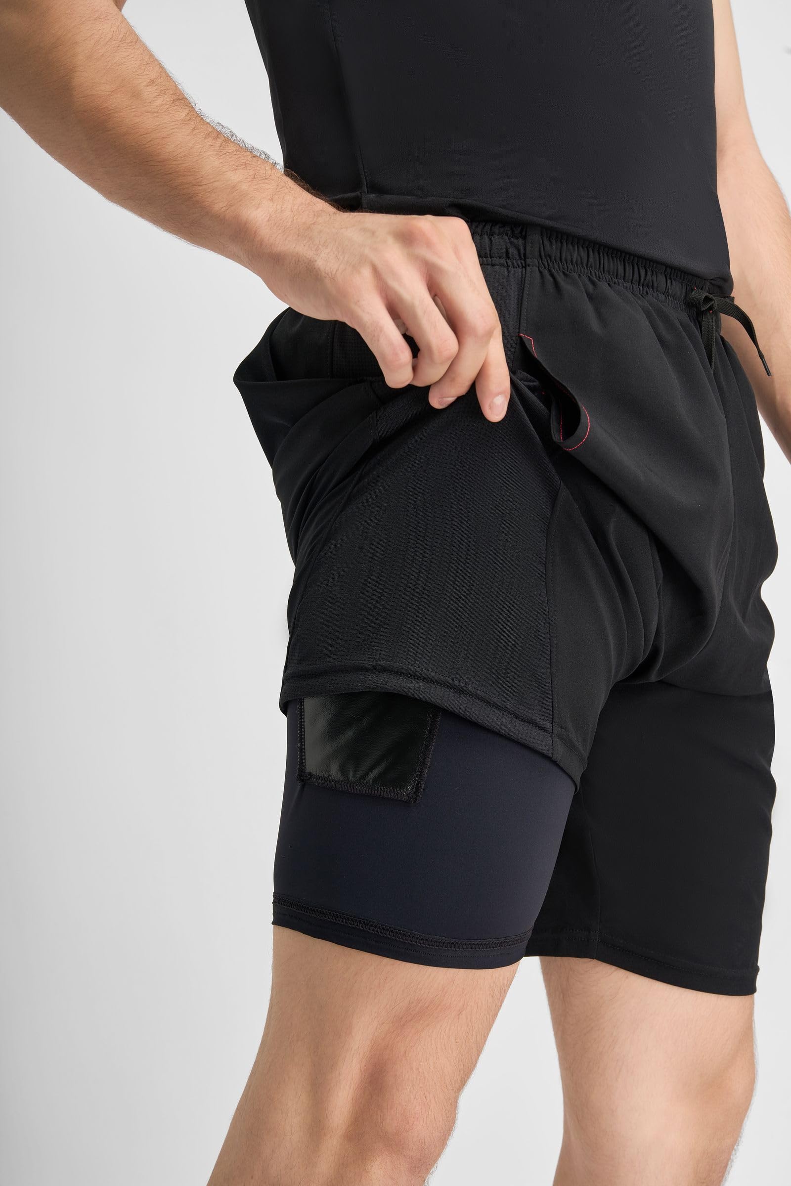 2-in-1 Laufshorts mit Innenhose & Handytasche, Antirutsch Bund, Atmungsaktive Laufhose kurz schwarz