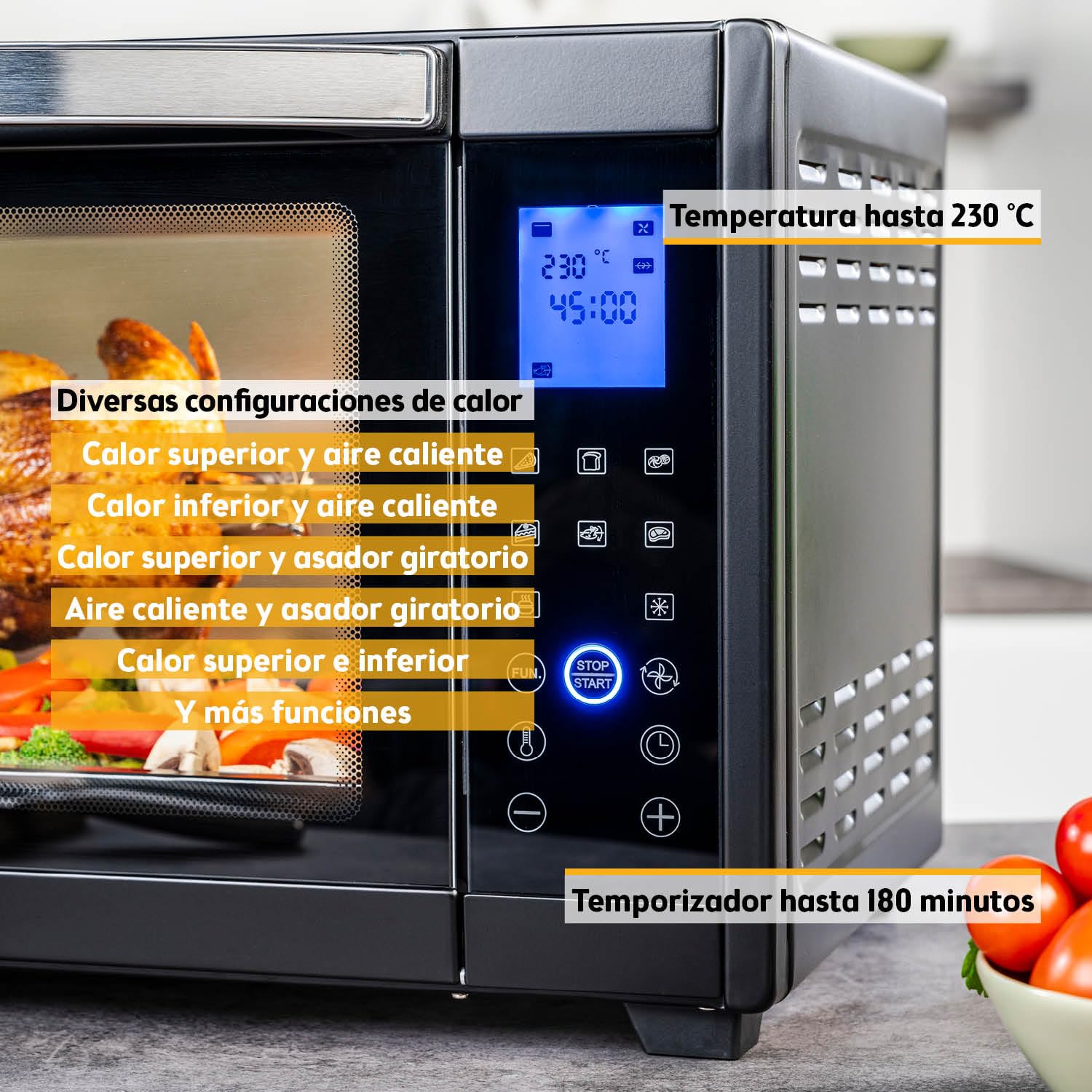 TZS First Austria Mini Horno digital 30L 1600W Minihorno con regulación temperatura hasta 230°C - Con temporizador de 60 min, 3 alturas de inserción, bandeja y parrilla Para cocinas pequeñas y camping