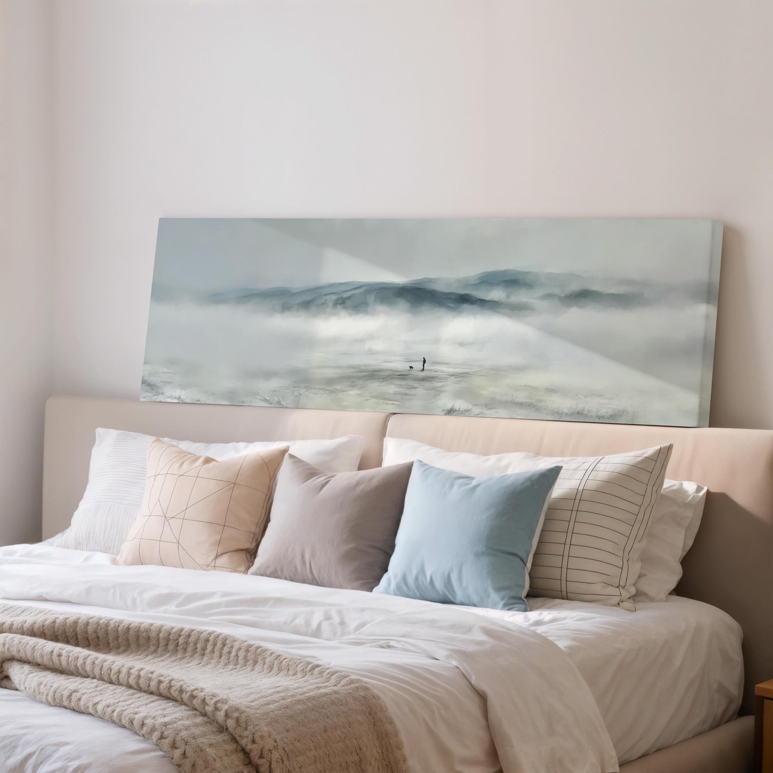 XINBAO Płótno górskie, duży obraz panoramiczny na ścianę, mglisty i tajemniczy obraz krajobrazu, minimalistyczna dekoracja ścienna do sypialni (60 x 180 cm, rama wewnętrzna)