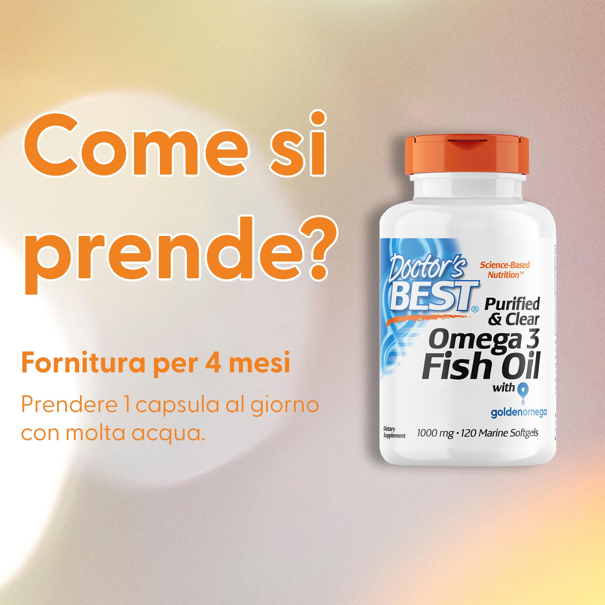 Doctor's Best, Purified & Clear Omega-3 Fish Oil (Olio di Pesce), 1.000mg, 120 Capsule, Testato in Laboratorio, Senza Glutine, Senza Soia