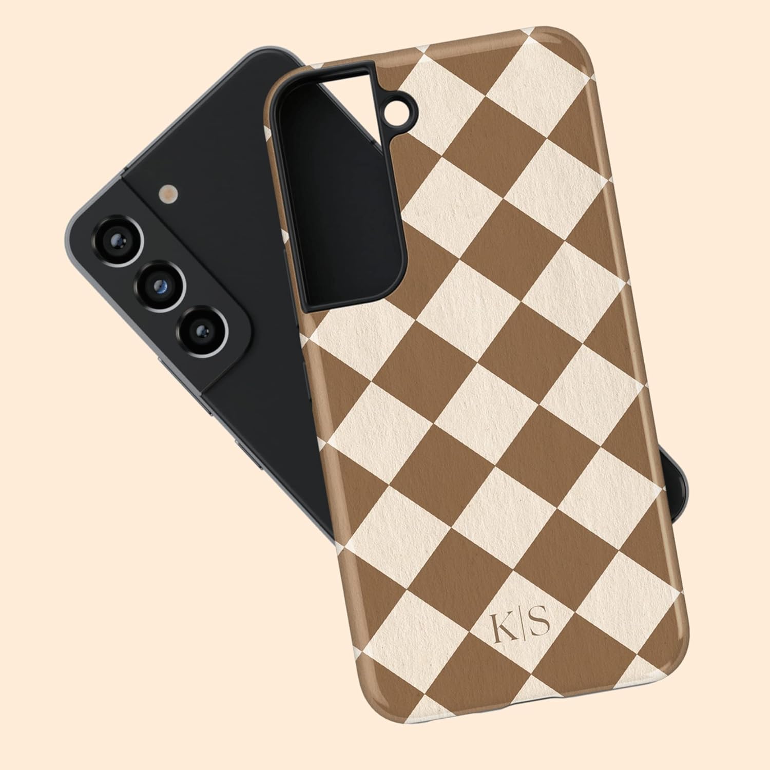 Custom Initials Argyle Checkerboard Personalized Name Phone Case, Compatible with Samsung Galaxy S26 Ultra, S25 Plus, S24, S23, S22, S21, S20 Teal