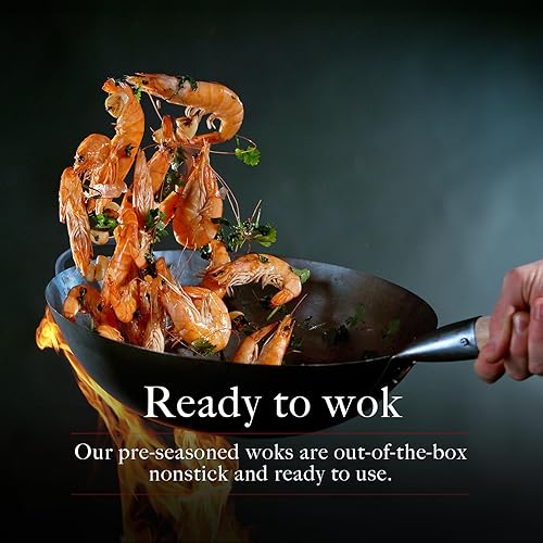 Miniatura 2 de Mammafong Sartén de wok tradicional de acero al carbono de 16 pulgadas con fondo plano grande  Auténticos woks martillados a mano y sartenes para