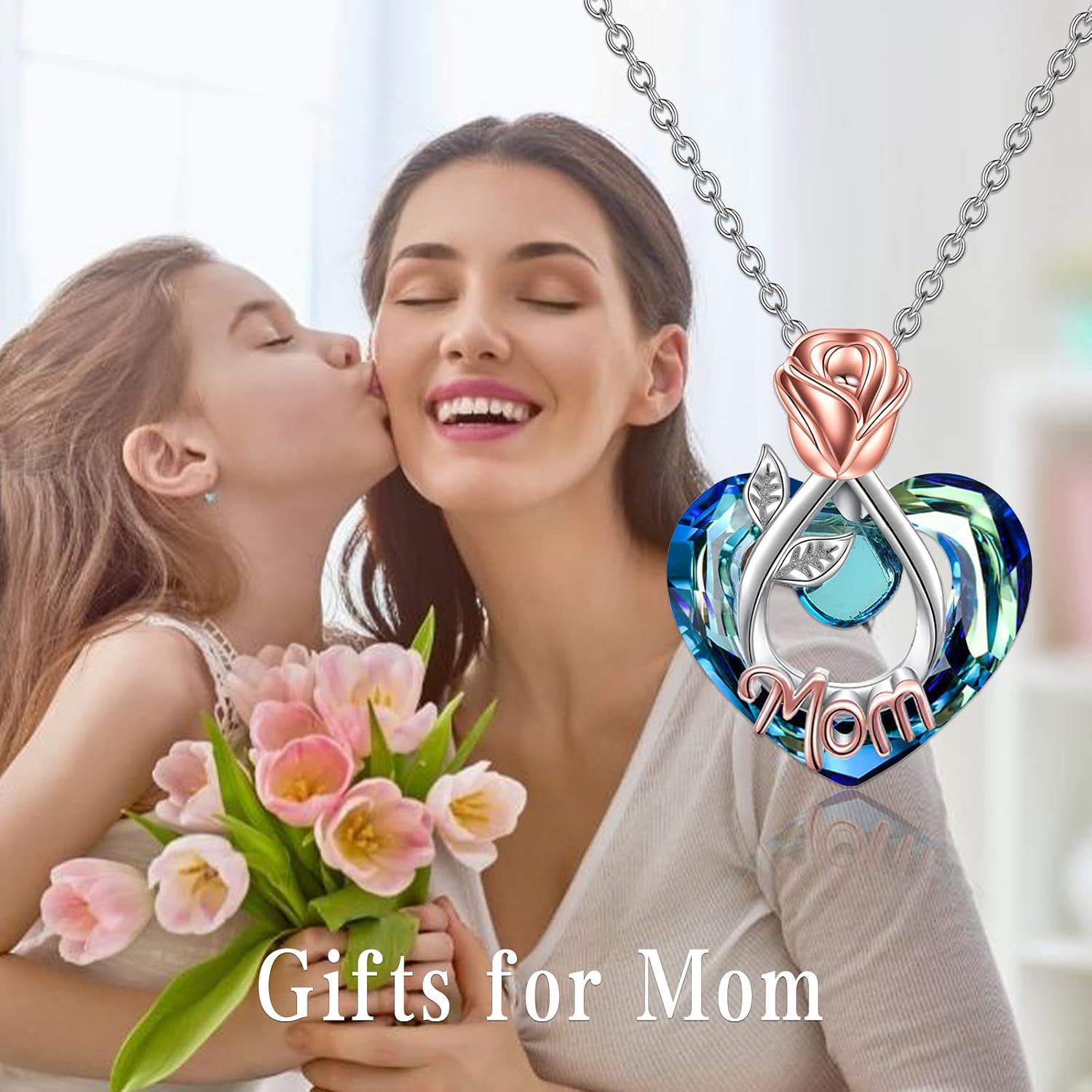 Rose Flower Love Heart Necklaces Gifts for Mom Grandma Nana Wife Aunt Daughter Birthday Jewelry 925 Sterling Silver Crystal Jewelry
