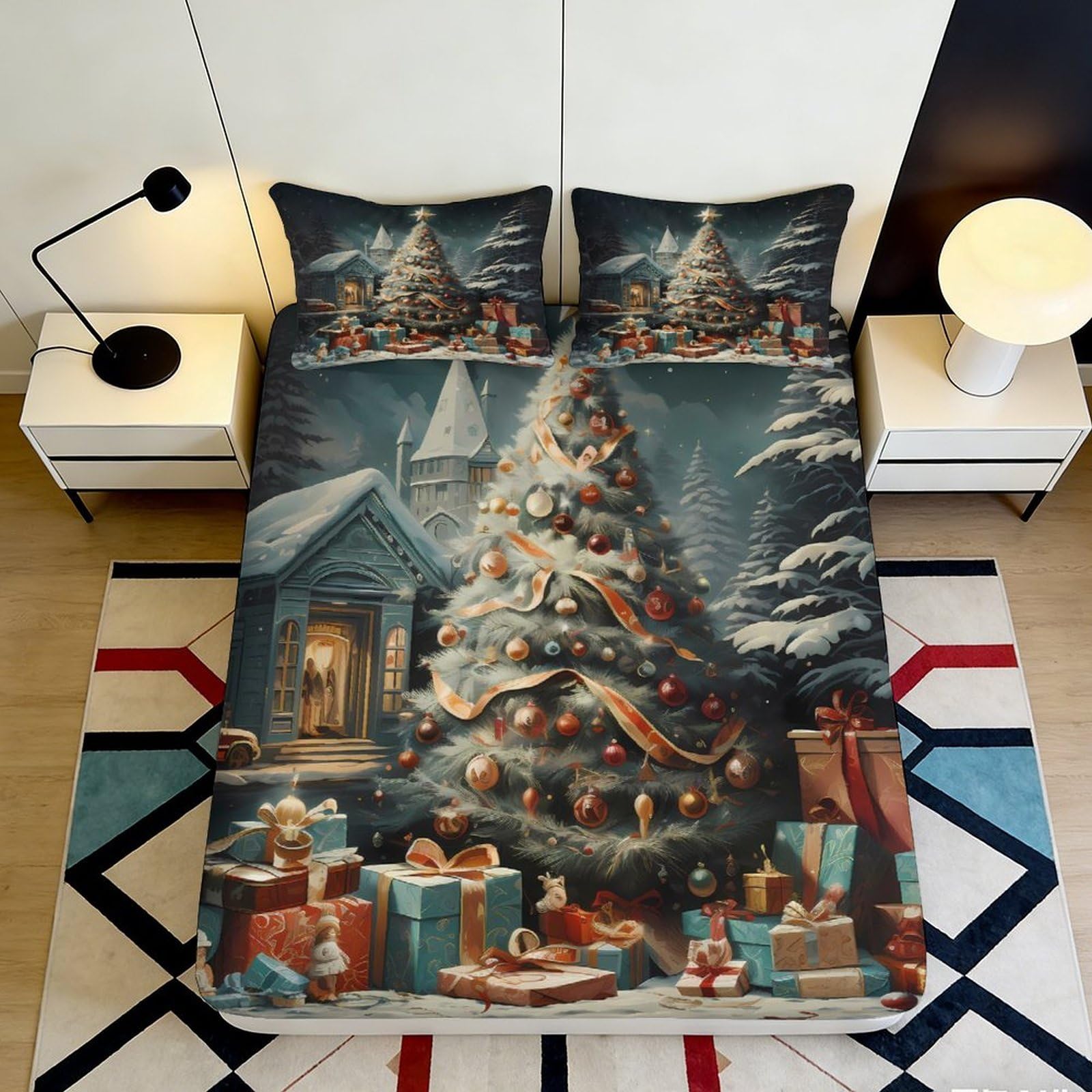 3D Printed Christmas Tree Fitted Sheet Microfiber Soft Festive Gift Box Mattress Cover for Bedroom Dorm Decor 90x200x25cm