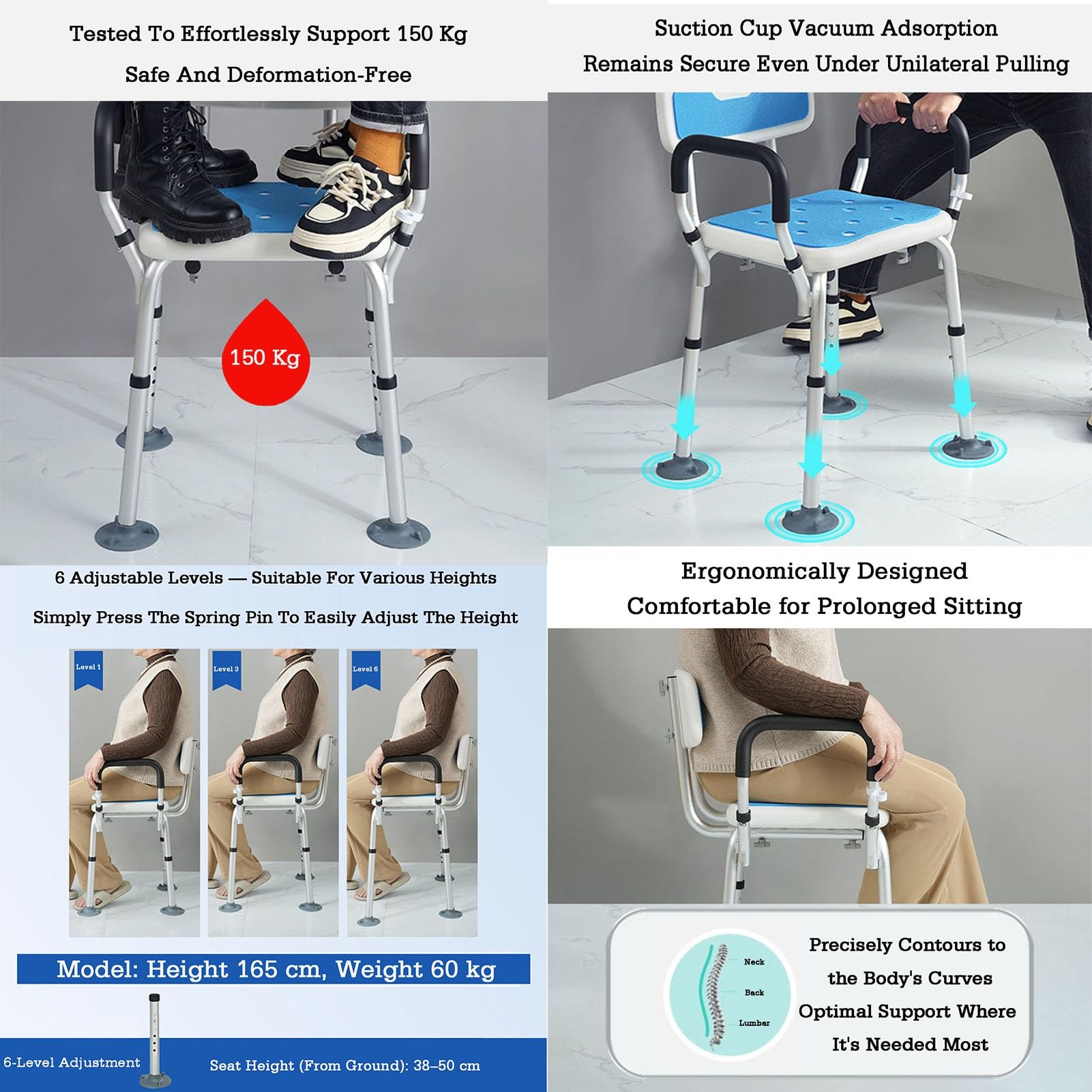 Krzesło prysznicowe z podłokietnikami i oparciem, ergonomiczne, lekkie, aluminiowe siedzisko do łazienki, sypialni, salonu