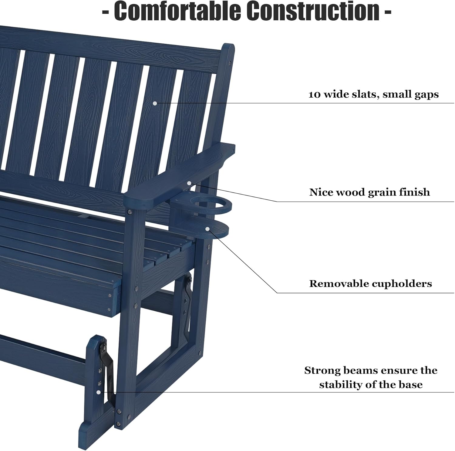 Poly Lumber Patio Glider, Durable HIPS Material, Weather-Resistant Swing Bench for Outdoor Porch Garden (Navy Blue, 2-Seater)