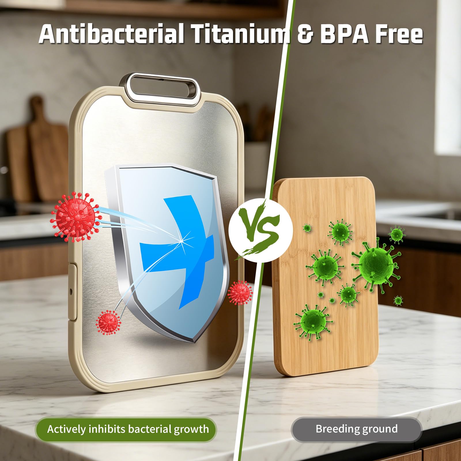 2 en 1 Tabla de Cortar de Titanio + Madera,Tabla de Cortar Antibacteriana y Resistente,Tablero de Corte con Ranura para Jugos y Borde,Ideal para Carne,Frutas,Verduras o Amasar (Titanio + PP)