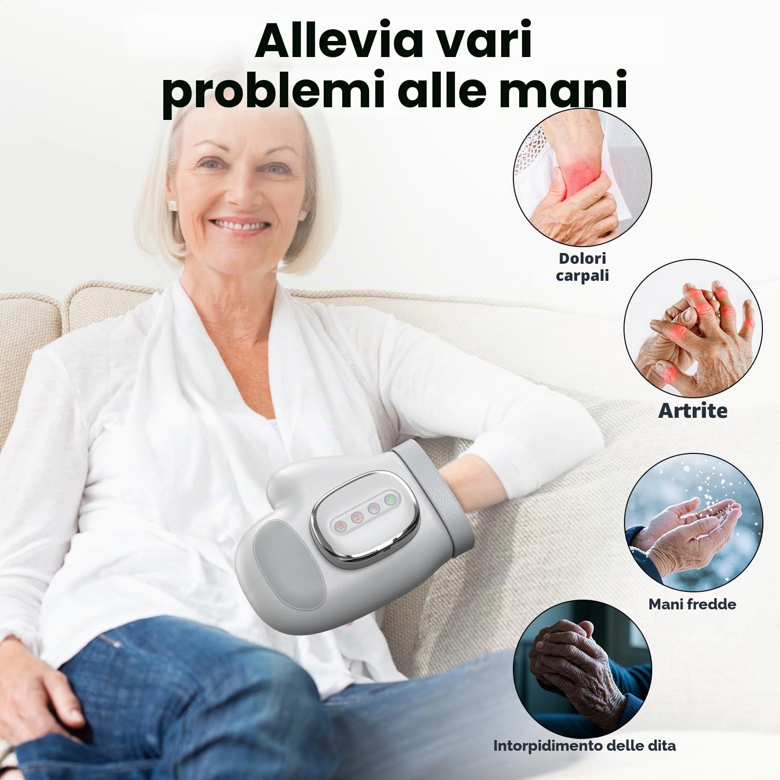 Massaggiatore per Mani Airbag, con Calore e Compressione | Guanto massaggiatore elettrico ricaricabile con 3 programmi di massaggio, 3 temperature e 5 livelli di pressione