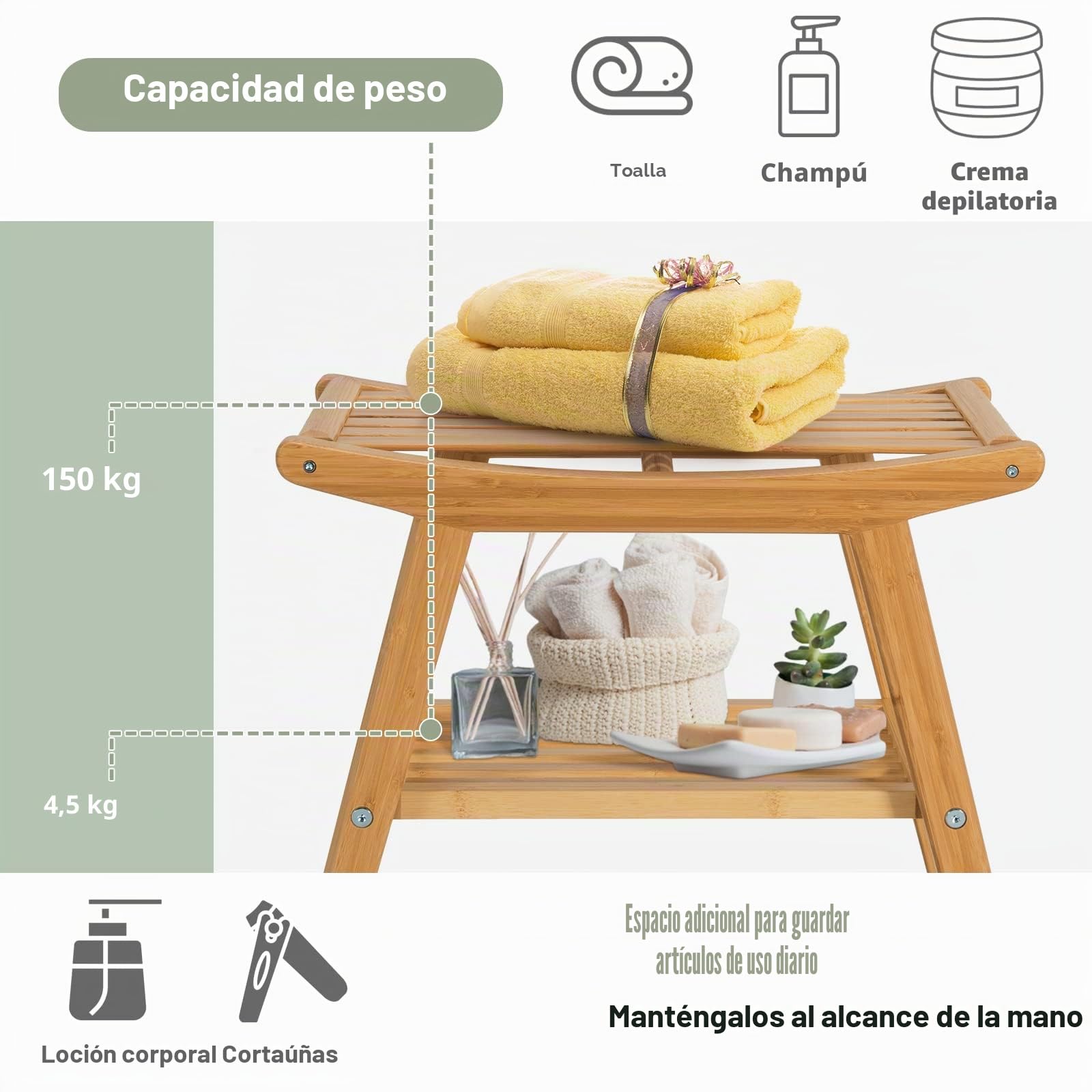 RELAX4LIFE Banco de ducha con reposapiés de bambú, banco con estante, asiento de baño con pies antideslizantes, soporta hasta 150 kg, ayuda para el baño para mujeres embarazadas y mayores, color