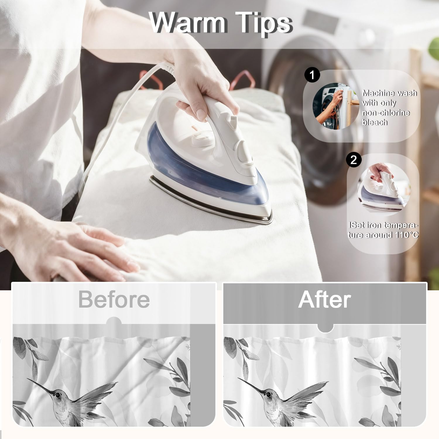 No Hook Shower Curtain with Snap in Liner Set, Grey Hummingbird Eucalyptus Design, Waterproof Fabric Floral Shower Curtains for Bathroom Decor with See Through Mesh Top Window 71x74 Inch