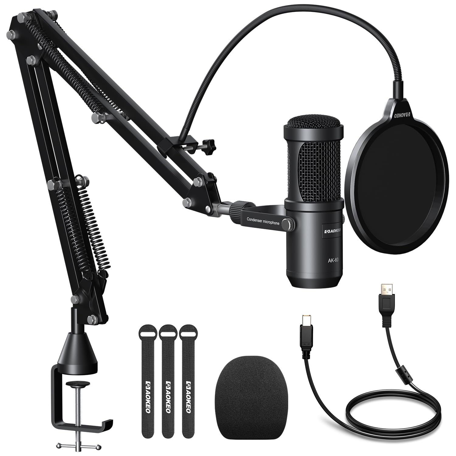 aokeo Microfono USB, 192 kHz/24 bit, set di microfoni per podcast con supporto per microfono, parabrezza, filtro pop, per radio, registrazione, YouTube, podcast