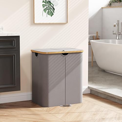 Miniatura 8 de Lifewit Cesta de lavandería doble de 120 litros con tapa, cesta grande para la ropa sucia con asas de bambú y bolsas de lavandería extraíbles,