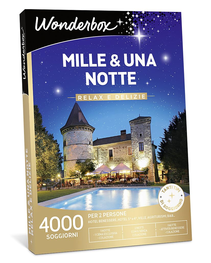 WONDERBOX - Cofanetto Regalo - Mille & Una Notte Relax e Delizie - per 2 | 1 notte + colazione + 1 cena esclusiva o attività benessere - Più di 4000 soggiorni - Hotel 5* e 4*, ville, dimore di charme